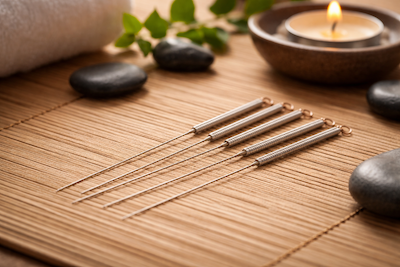 A practice of TCM, Acupuncture needles lay on a table with stones and leaves in the background.