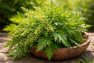 A part of TCM's integration of herbalism, herb, Artemisia annua, glistens in the sunlight held in a wooden bowl.