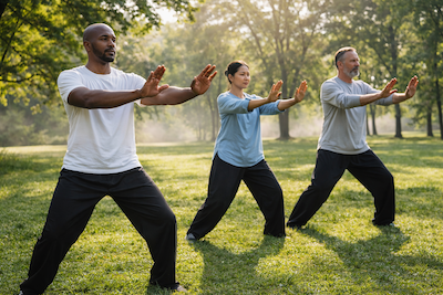 Three individuals, hands outstretched, practicing Qigong, a TCM practice, in the park.